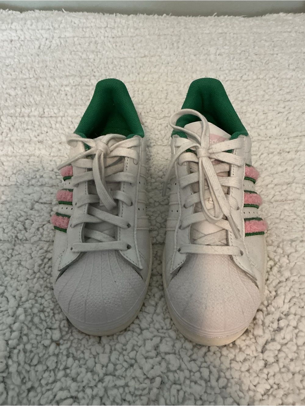 Adidas White  Sneakers with Green Lining and Pink Stripes
